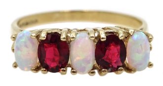 9ct gold opal and garnet five stone ring,