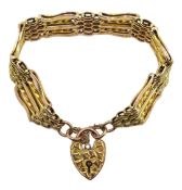 Edwardian gold five bar gate link bracelet, with heart locket clasp, stamped 9ct, approx 19.