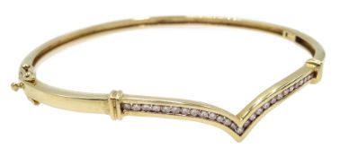 9ct gold diamond set wish bone hinged bangle,