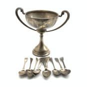 Two handled silver trophy 'Bingley Fat Stock Show 1933' H18cm and eleven 19th Century tea spoons,