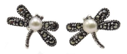 Pair of silver marcasite and pearl dragonfly stud earrings,