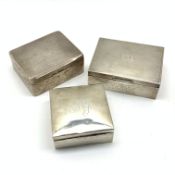 Engine turned silver cigarette box with inscription Birmingham 1957 11cm x 9cm x 4cm and two other
