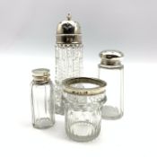 Early 19th Century glass jar with silver collar, cut glass sugar castor with silver cover,