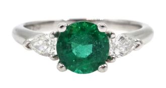 White gold round emerald and pear shaped diamond ring, hallmarked 18ct,