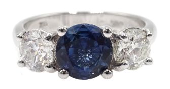 18ct white gold three stone diamond and sapphire ring, hallmarked 18ct, sapphire approx 1.