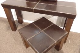 Leather top console table on square walnut supports, (141cm x 46cm,