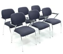 Set six Brunner Golf stacking chairs, chrome frame, blue fabric upholstered back and seat,