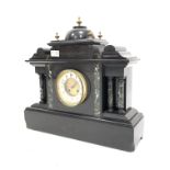 Victorian slate architectural mantle clock, with brass finials and applied marble decoration,