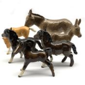 Beswick Donkey No. 1364 second version, Donkey Foal No. 2110, two Shetland Foals No.