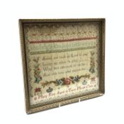 Victorian needlework sampler with alphabet, numerals, verse and flowers by Mary Fox, Aged 12years,