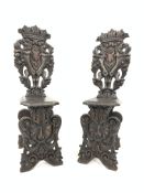Pair heavily carved oak side chairs, carved with acanthus leaves, foliate, lions, masks,