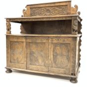 19th century oak sideboard, raised back with floral carved decoration,