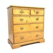 Late Victorian polished pine chest, with two short and three long graduating drawers, W97cm,H100cm,