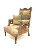 Edwardian walnut framed elbow chair, carved cresting rail,