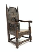 17th century design oak wainscot chair, turned finials, carved panelled back, moulded panelled seat,