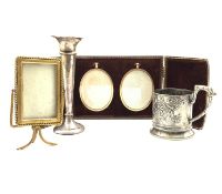 Pair of oval miniature frames in a leather case 19cm x 13cm, another small frame,