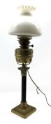 Brass Corinthian column table lamp with stepped square base and glass shade H79cm (converted)