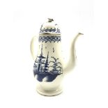 18th Century Liverpool pearl ware coffee pot decorated with Chinese buildings in blue and white and