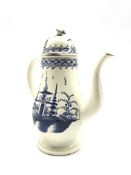 18th Century Liverpool pearl ware coffee pot decorated with Chinese buildings in blue and white and