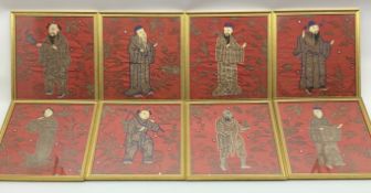 Set of eight 1920's Chinese embroidered pictures of Immortals inset with small mirror panels each