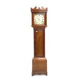 Early 19th century mahogany long case clock, swan neck pediment, plain pilasters and trunk door,