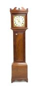 Early 19th century mahogany long case clock, swan neck pediment, plain pilasters and trunk door,