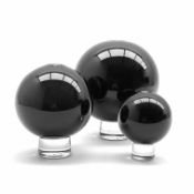 Set of three Gillies Jones Rosedale black glass ball vases,