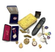 World War I Princess Mary gift tin, ARP badges and whistle, silver gilt and enamel Oddfellows jewel,