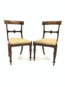 Pair of William IV rosewood dining chairs, floral carved and scrolled bar back,