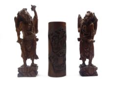 Pair of Chinese carved wood standing figures H43cm and a carved bamboo cylindrical vase H33cm