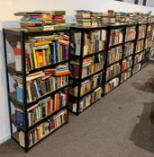 **WITHDRAWN** Set of six black shelving units, each with five adjustable shelves,