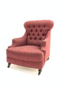 Victorian walnut framed armchair, upholstered in red damask fabric,