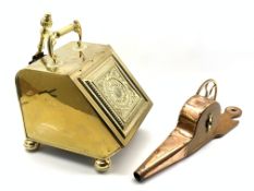 20th Century brass coal scuttle with embossed floral design and shell shaped shovel and an oak and