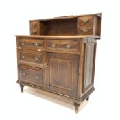19th century stained pine sideboard, raised back with four trinket drawers and open shelf,
