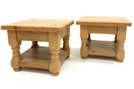 Pair 20th century solid pine lamp tables, square tops raised on turned supports,