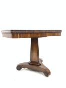 Late Regency rosewood tea table, fold over revolving top, hexagonal tapered column,