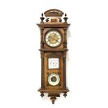 Late Victorian walnut cased wall clock barometer, arched pediment,