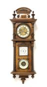 Late Victorian walnut cased wall clock barometer, arched pediment,