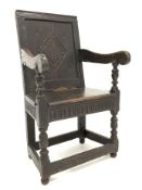 Early 18th century oak wainscot chair, moulded cresting rail above lozenge carved panelled back,