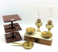 Walnut cased balance scales with marble top and various weights,