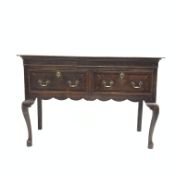 George III oak dresser, rectangular top above mahogany frieze, two mahogany banded drawers,