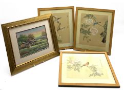 Set of three Oriental silk prints of birds 30cm x 24cm and an Oriental oil painting
