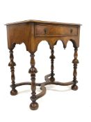 20th century Queen Anne style burr walnut side table, cross banded moulded top above frieze drawer,