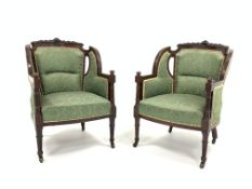 Pair late Victorian walnut framed armchairs upholstered in green damask fabric,