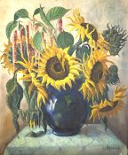 E Brander (20th Century) still life of a vase of flowers, oil on board,