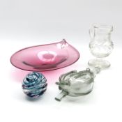 Pink studio glass bowl by Graeme Hawes D25cm, Langham glass paperweight,