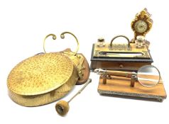 Late Victorian walnut inkstand with single drawer and two inkwells W25cm, brass gong on wall shield,