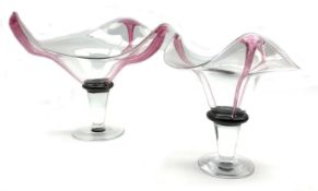 Pair of Gillies Jones Rosedale graduated glass vases of free form design with pink ribbed