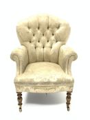 20th century Victorian style upholstered armchair, deep buttoned back upholstered in cream damask,
