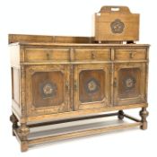 20th century medium oak sideboard, with raised back, moulded top,